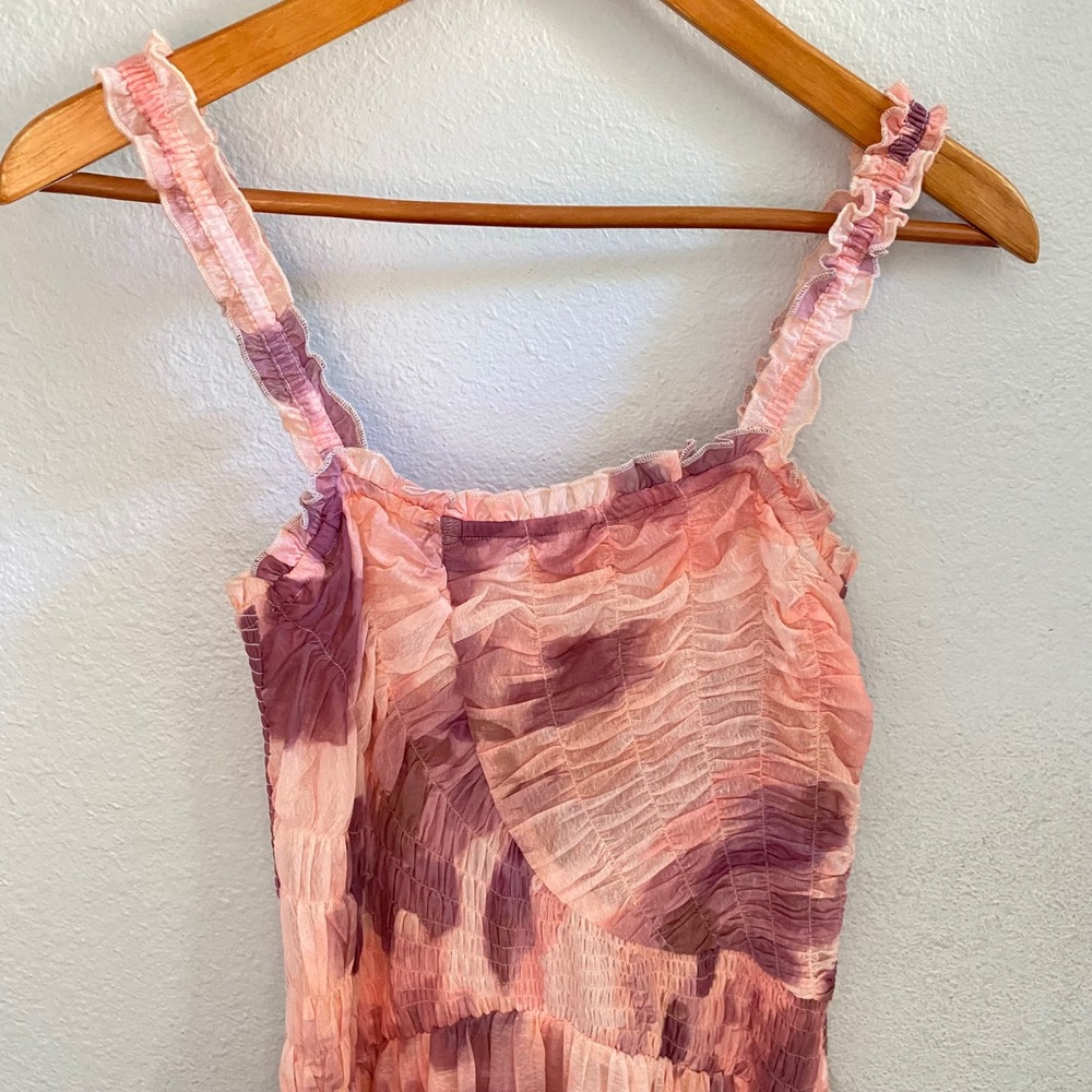 Free People Mesh Midi Dress Soft Pink Purple Watercolor Smocked Feminine Fairy - Picture 3 of 14